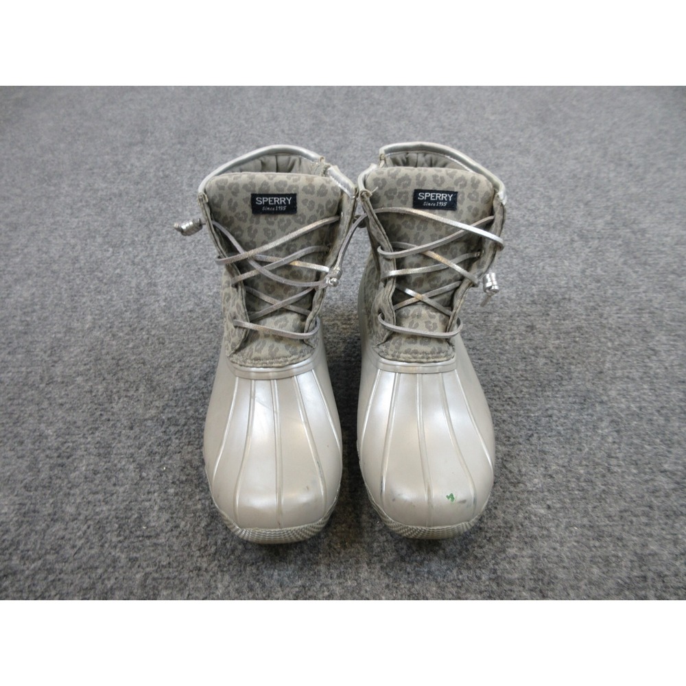 Sperry‎ Saltwater Duck Boots Womens 6 M Silver Gray Zip Leopard Print